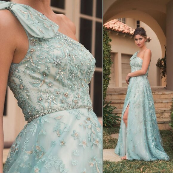 Mac Duggal 11177 Size 8 Sage Green Embellished Bow One Shoulder Aline Gown Dress - Picture 1 of 6